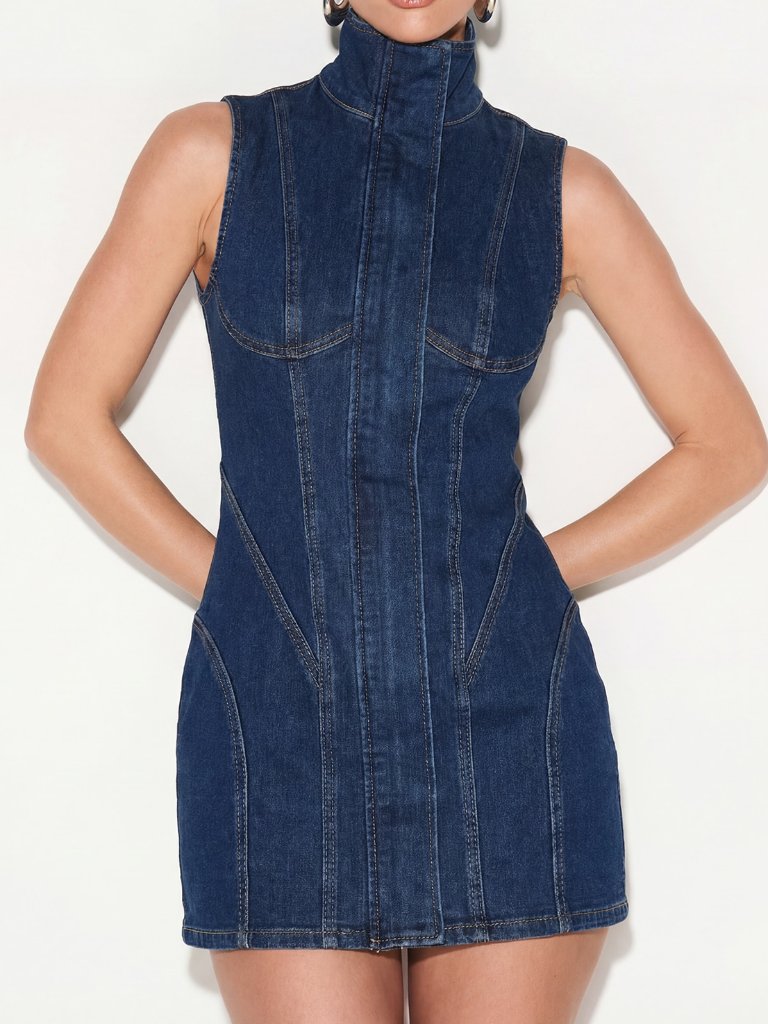 Blue Casual Women's Funnel Neck Sleeveless Chic Mini Dress